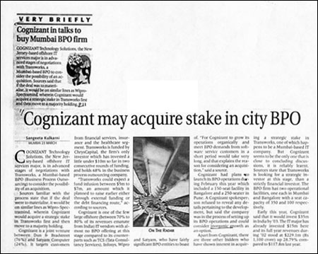 Cognizant may acquire stake in city BPO. 
