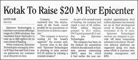 Kotak to raise $20 M for Epicenter. 